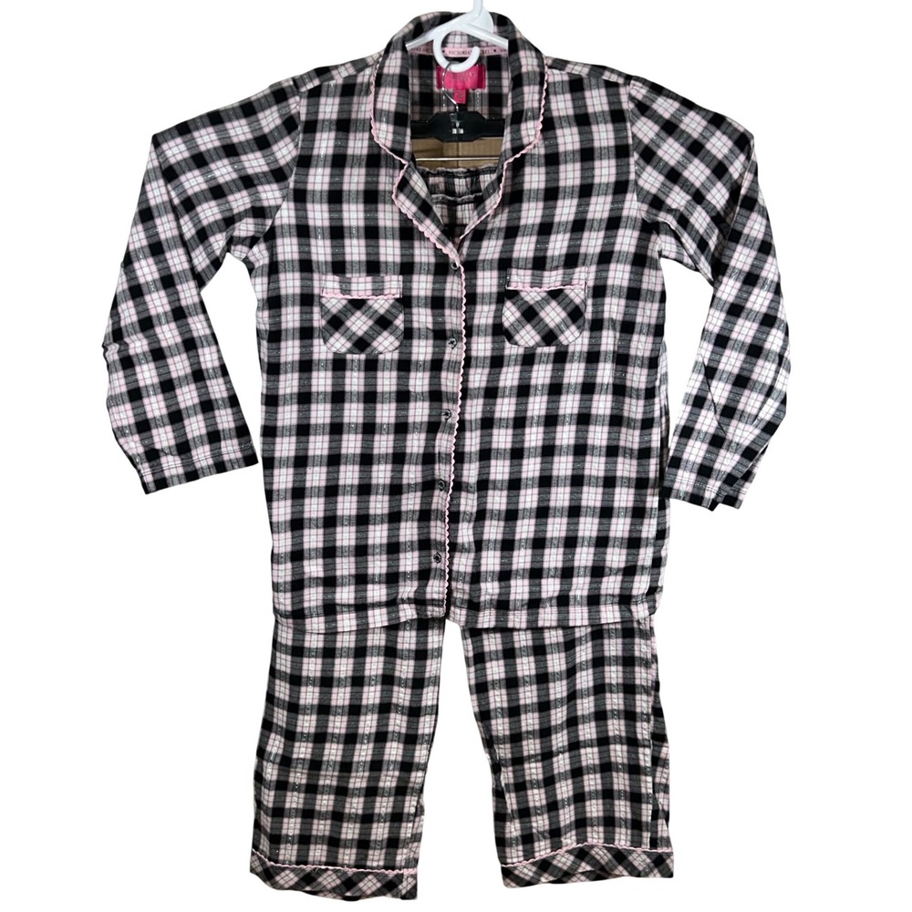 Victorias Secret Plaid Pajama Set Pink Black Metallic Shimmer L Long Sleeve Pant